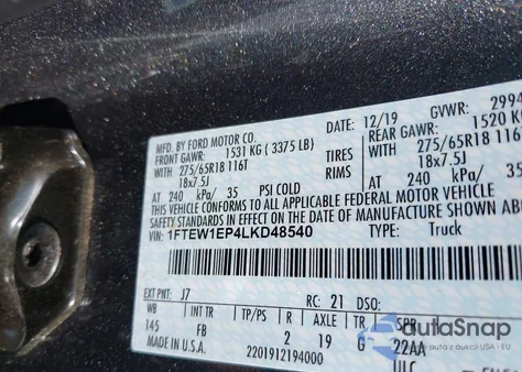 2020 Ford F-150 Xlt из США, поврежденный, VIN 1FTEW1EP4LKD48540